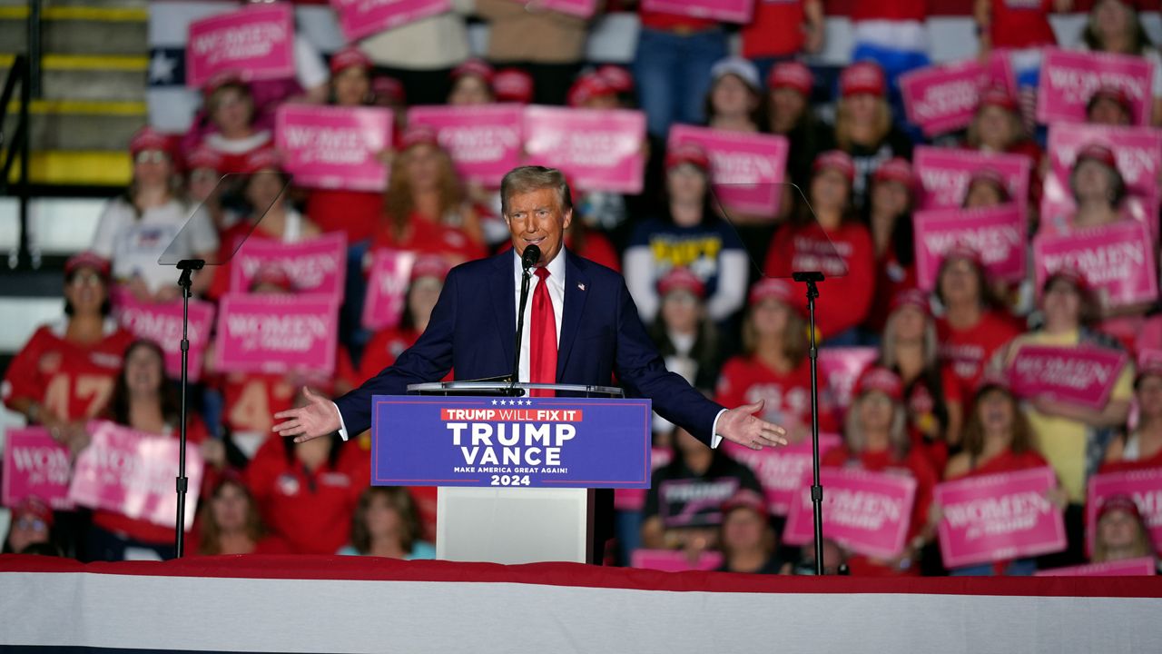 Republican presidential candidate former President Donald Trump speaks at a campaign rally, Monday, Nov. 4, 2024, in Reading, Pa. (AP Photo/Chris Szagola)