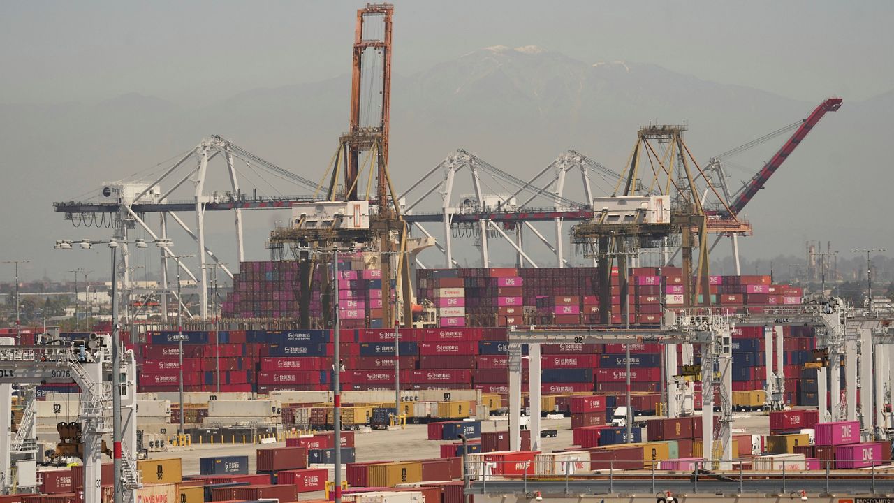 The the San Gabriel Mountain range is seen from the Port of Los Angeles, Wednesday, April 9, 2025, in Los Angeles. (AP Photo/Damian Dovarganes)