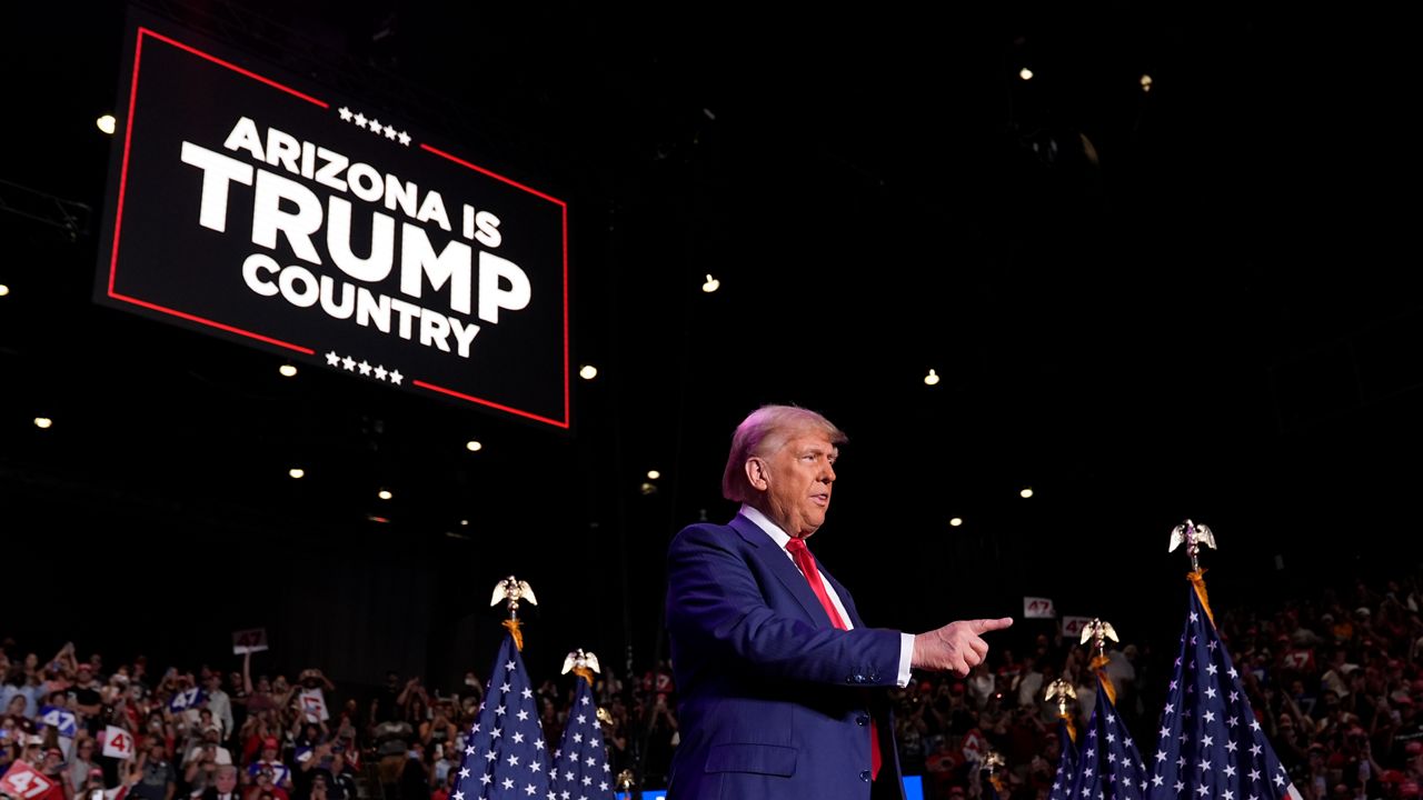 Republican presidential nominee former President Donald Trump arrives at a campaign rally at Mullett Arena, Thursday, Oct. 24, 2024, in Tempe, Ariz. (AP Photo/Alex Brandon)