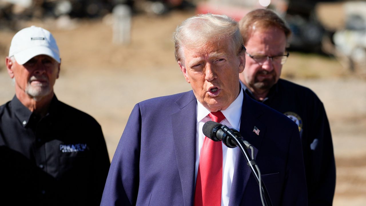 Republican presidential nominee former President Donald Trump delivers remarks on the damage and federal response to Hurricane Helene, Monday, Oct. 21, 2024, in Swannanoa, N.C. (AP Photo/Evan Vucci)