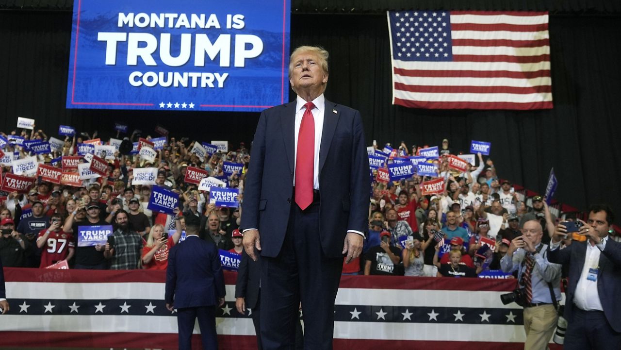 Republican presidential nominee former President Donald Trump arrives for a campaign rally in Bozeman, Mont., Friday, Aug. 9, 2024. (AP Photo/Rick Bowmer, File)