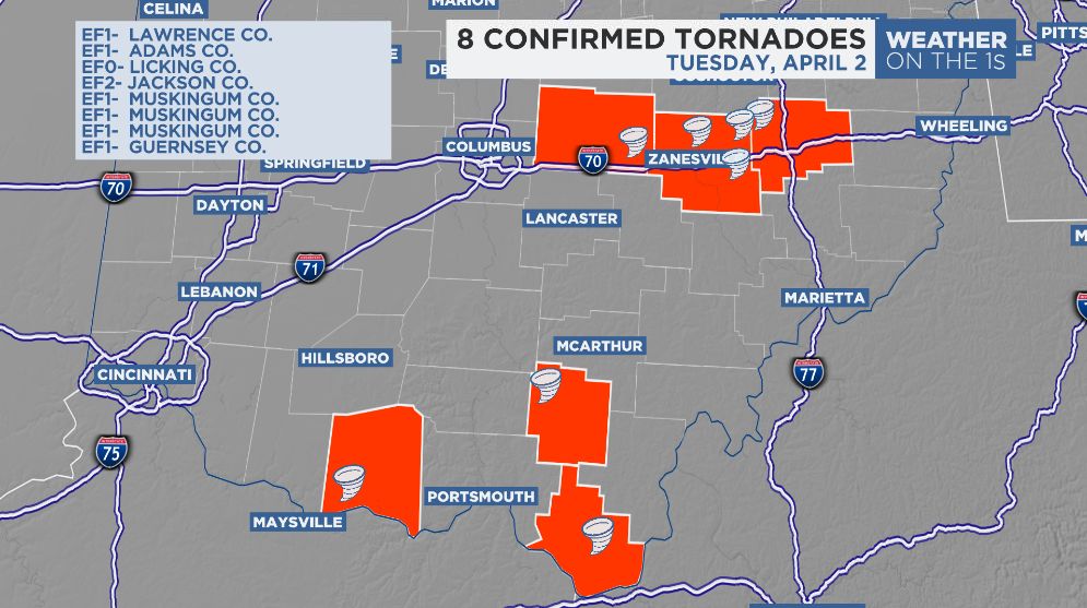 A map of the confirmed tornadoes from Tuesday's storms.