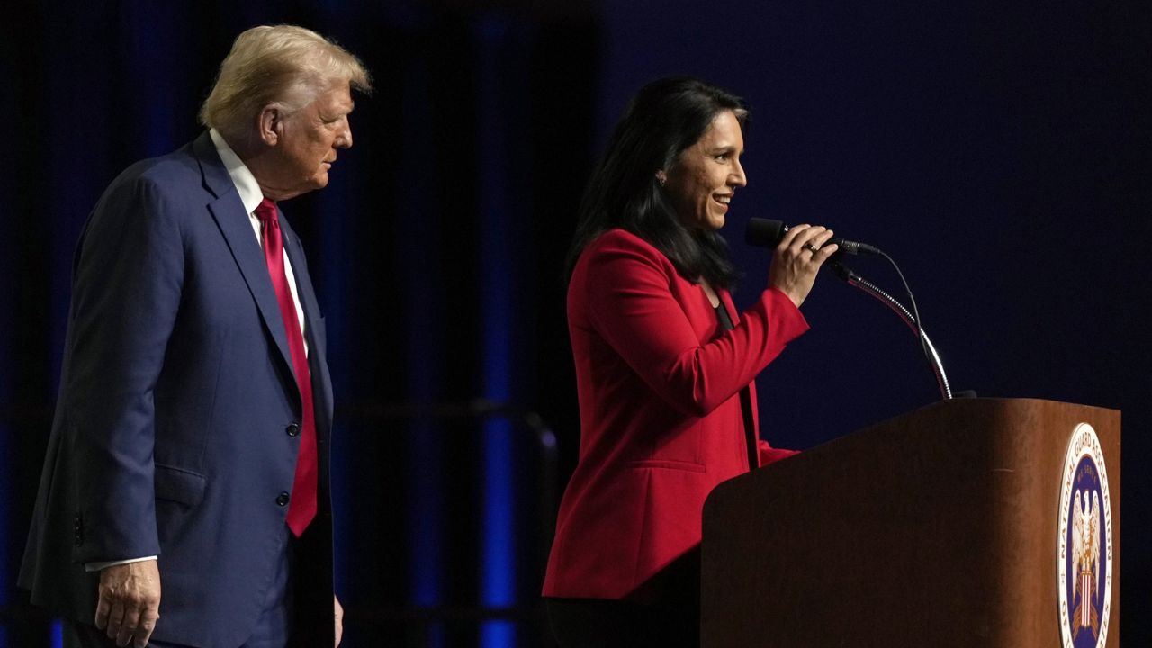 Former Hawaii congressional representative Tulsi Gabbard endorsed former president Donald Trump for a return to office at a National Guard event in Detroit on Monday. (Associated Press/Carolyn Kaster)