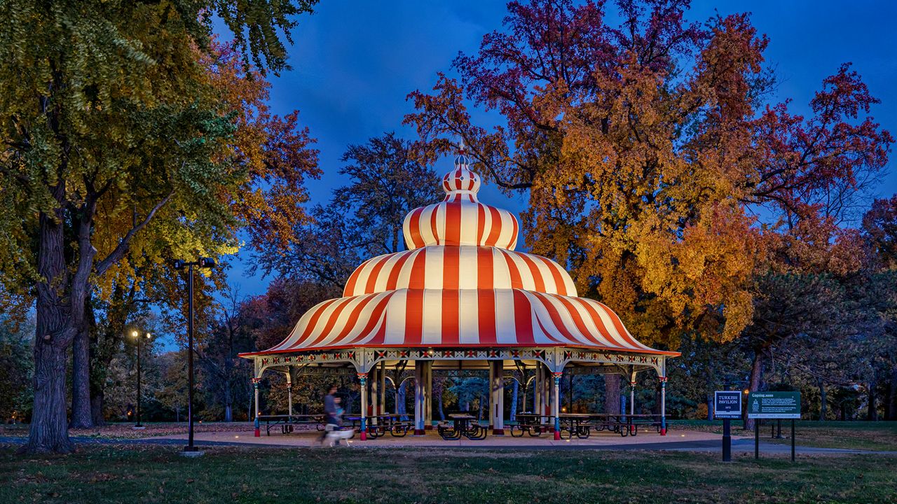 The restoration of 150-year-old Turkish Pavilion at Tower Grover Park was completed in fall of 2021, which included accent lighting for the first time. (Photo Credit: Sam Fentress)