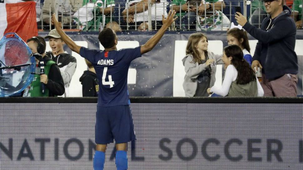 United States midfielder Tyler Adams (4) celebrates after scoring a goal against Mexico during an international friendly match Tuesday, Sept. 11, 2018, in Nashville, Tenn. The United States won 1-0. (AP Photo/Mark Humphrey)