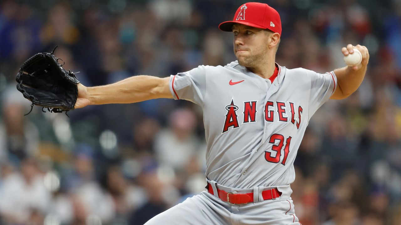 Los Angeles Angels starting pitcher Tyler Anderson throws to a Milwaukee Brewers batter during the first inning of a baseball game Friday, April 28, 2023, in Milwaukee. (AP Photo/Jeffrey Phelps)