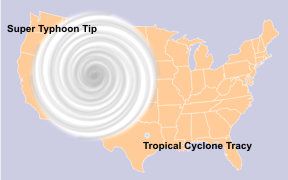 Size comparison between Typhoon Tip (largest tropical cyclone ever) and Cyclone Tracy (second-smallest tropical cyclone ever) imposed over the United States.