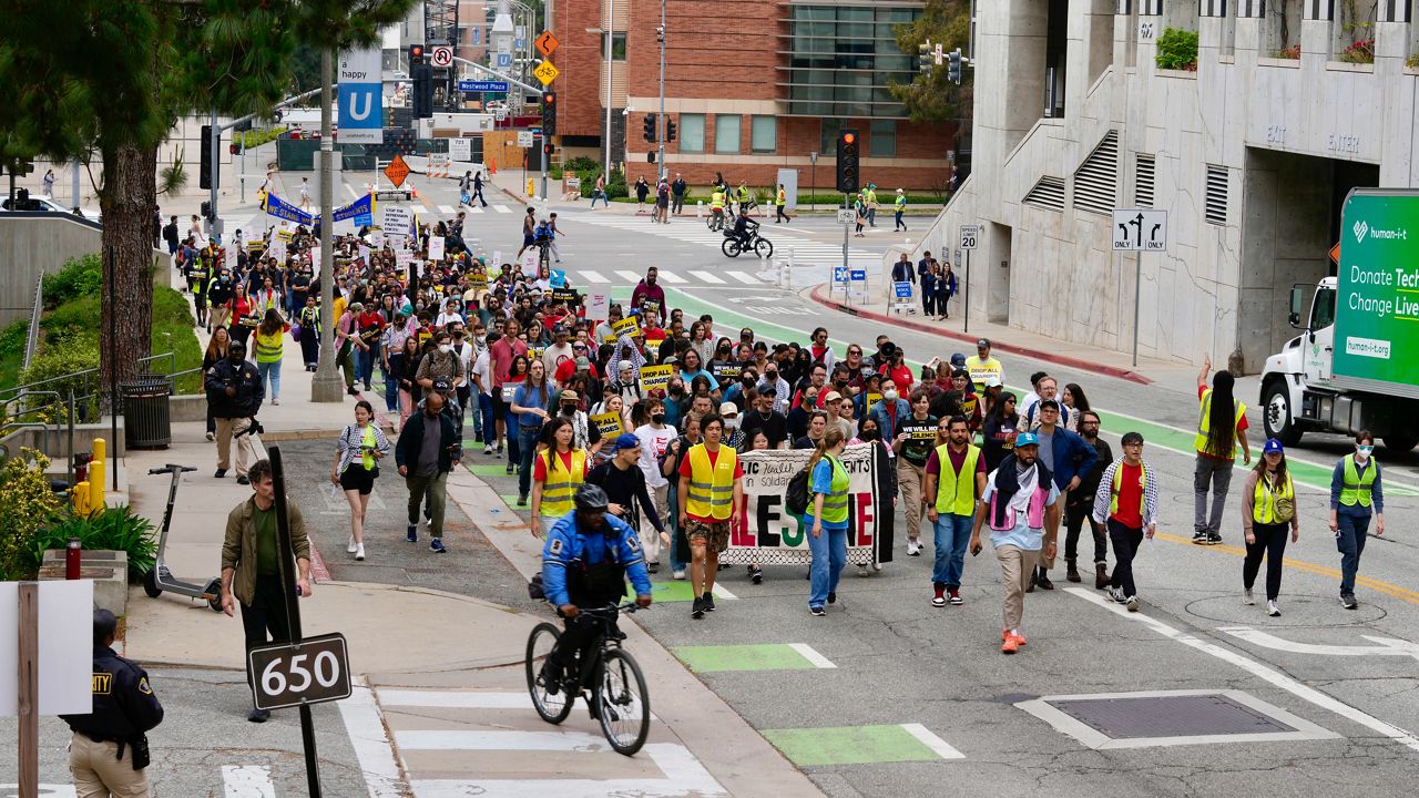 Students gather on the UCLA campus to protest the Israel-Hamas War, on April 29, 2024, in Los Angeles. (AP Photo/Damian Dovarganes)