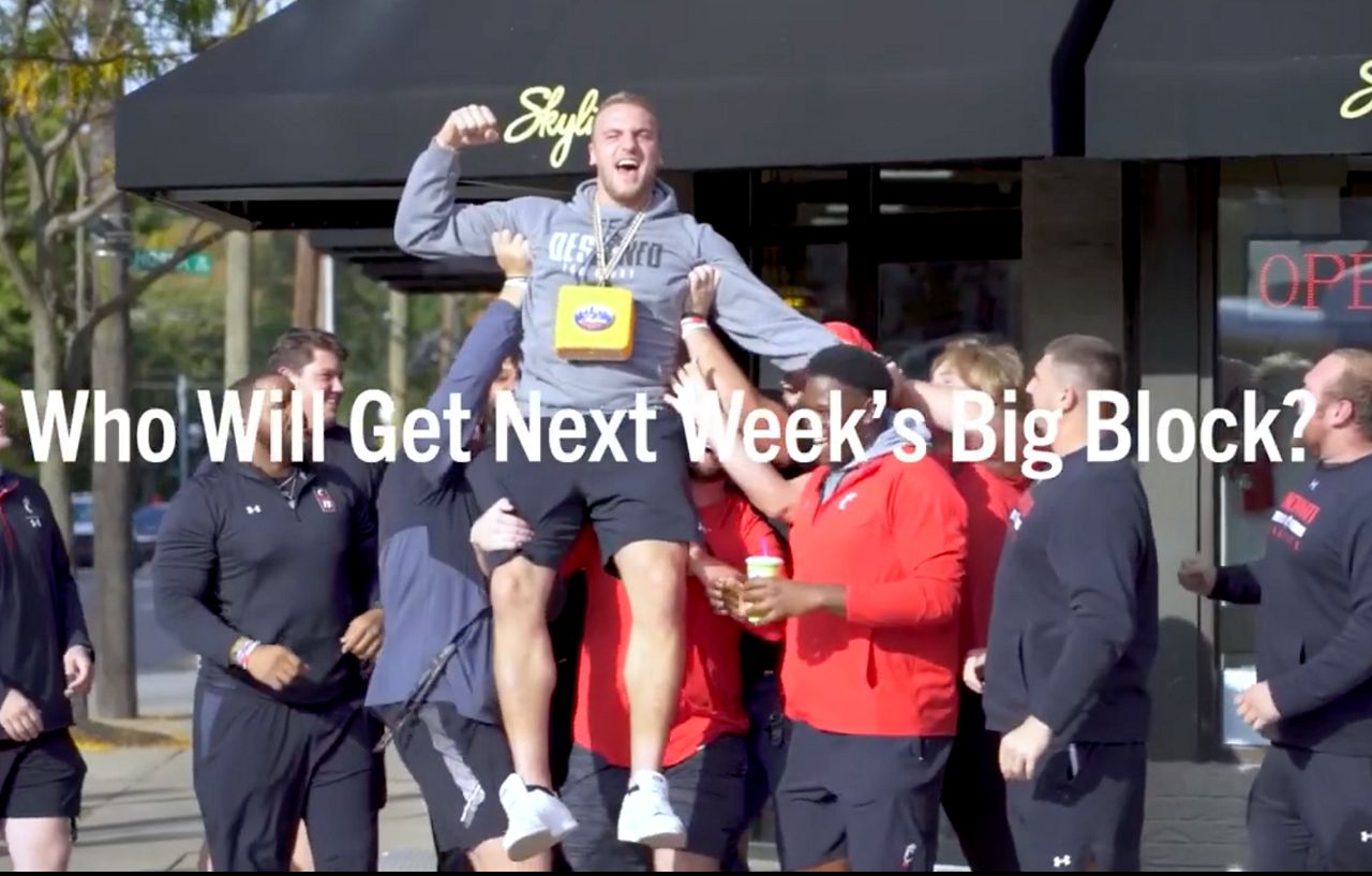 UC's offensive line appeared in a weekly commercial series for Cincinnati-based Skyline Chili. (Photo courtesy of YouTube)