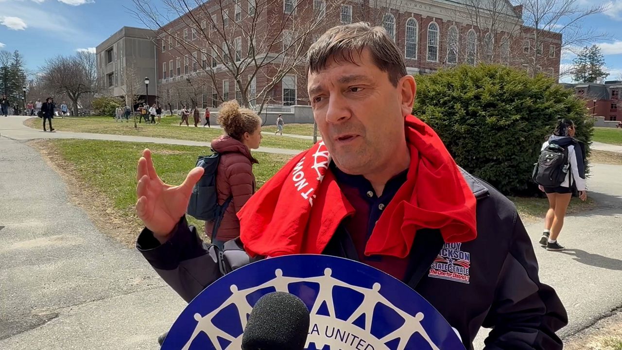 Former Maine Senate President Troy Jackson makes an appearance at the graduate workers’ rally Thursday. (Spectrum News/David Ledford)