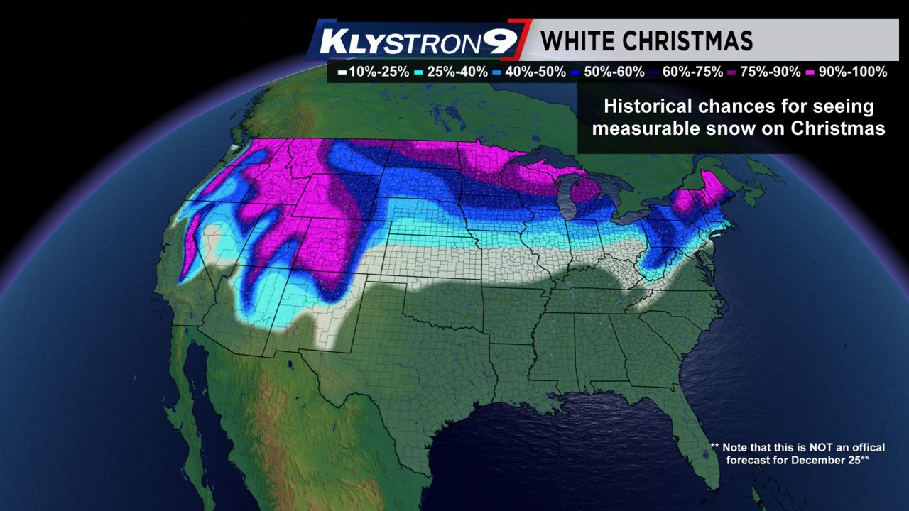 Historical chances for seeing measurable snow on Christmas. (Spectrum Bay News 9)