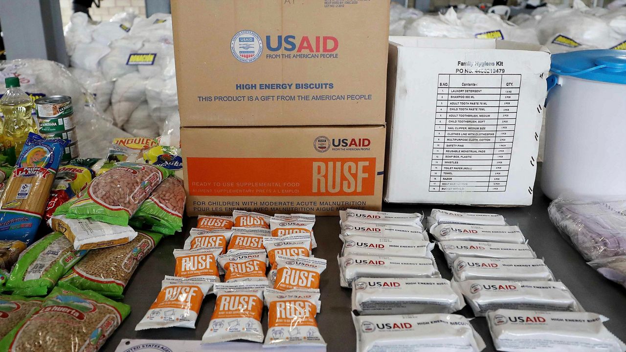 USAID humanitarian aid destined for Venezuela is displayed for the media at a warehouse next to the Tienditas International Bridge on the outskirts of Cucuta, Colombia, Feb. 19, 2019. (AP Photo/Fernando Vergara, File)