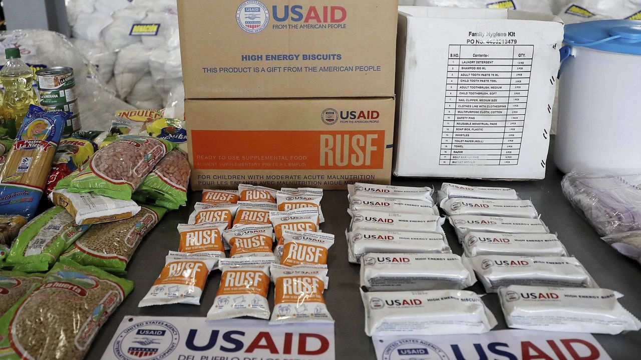 USAID humanitarian aid destined for Venezuela is displayed for the media at a warehouse next to the Tienditas International Bridge on the outskirts of Cucuta, Colombia, Feb. 19, 2019. (AP Photo/Fernando Vergara, File)