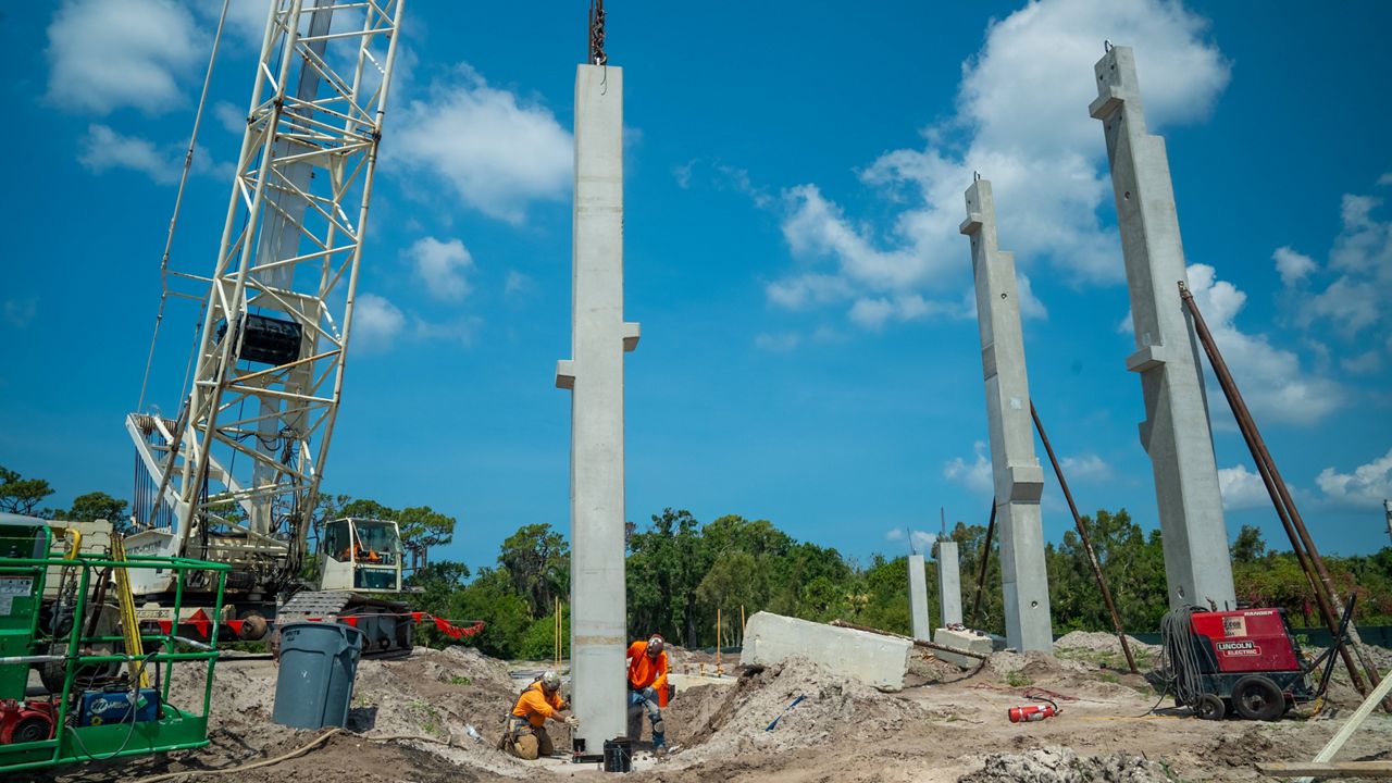 Crews have installed the first of almost 600 precast concrete panels that will make up the walls of the six-story, 10,000-square-foot student center and residence hall set to open for the fall 2024 semester. (USF Sarasota-Manatee)
