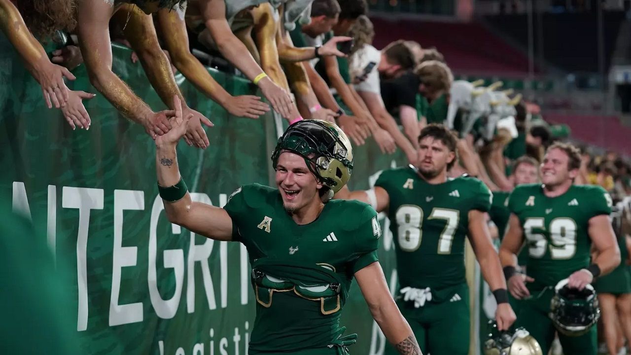 USF players celebrate their 48-3 victory last week against Bethune-Cookman University at Raymond James Stadium. USF plays at 4th-ranked Alabama Saturday. (Courtesy USF Athletics)