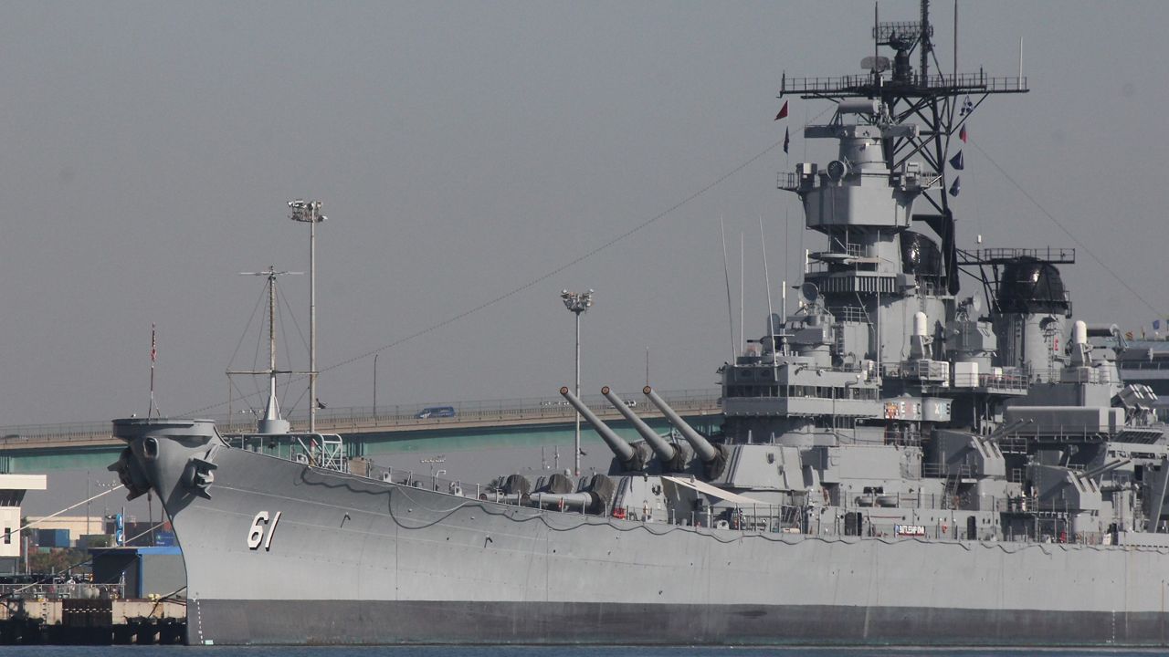 In this Sept. 26, 2015 photo, the USS Iowa, a retired World War II-era battleship, is docked in the Port of Los Angeles. (AP Photo/John Antczak)