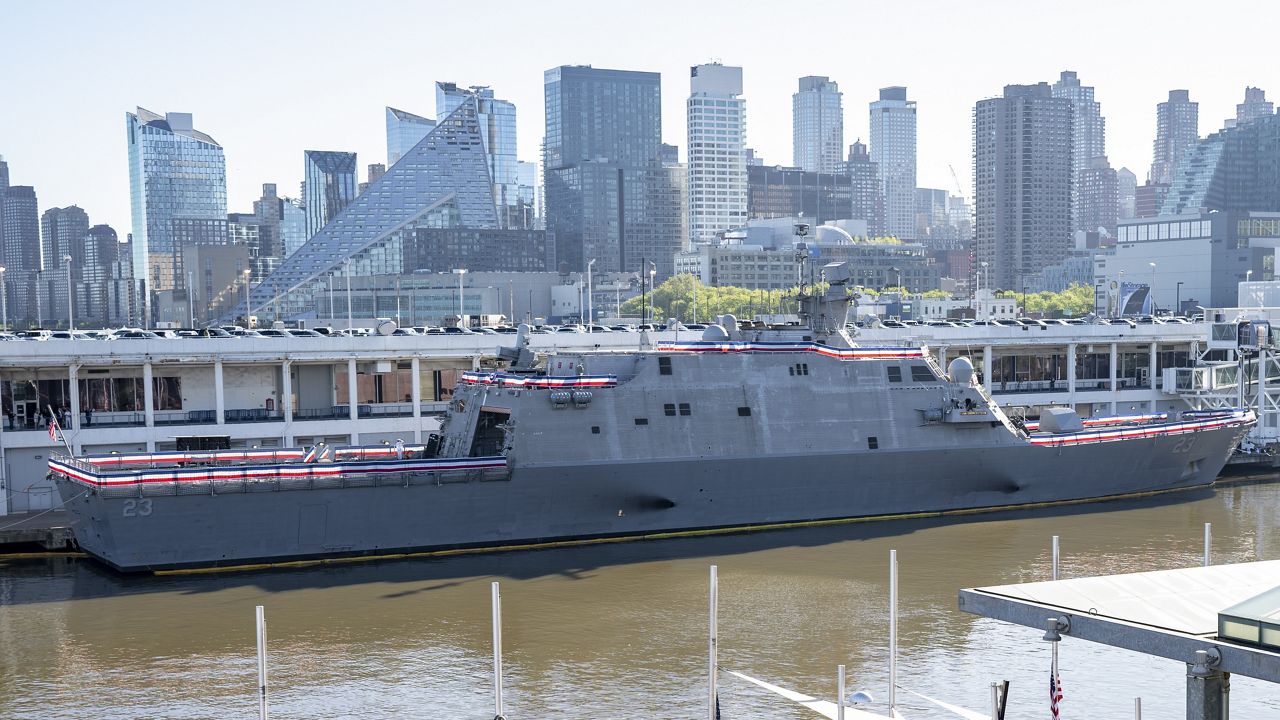 This photo provided by the U.S. Navy shows the Freedom-variant littoral combat ship USS Cooperstown (LCS 23) prior to the ship’s commissioning ceremony, Saturday, May 6, 2023, in New York. On Saturday, the U.S. Navy commissioned the USS Cooperstown in honor of 70 Major League Baseball Hall of Fame players who served in the military during wartime. (Petty Officer 1st Class Kevin C. Leitner/U.S. Navy via AP)