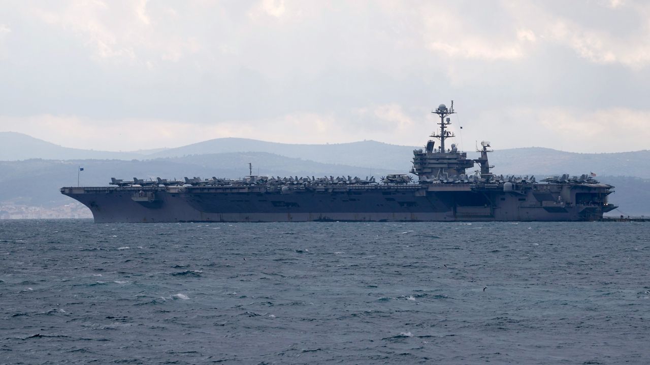 Aircraft carrier USS Harry S. Truman is moored near Split, Croatia, Feb. 14, 2022. (AP Photo/Darko Bandic, File)
