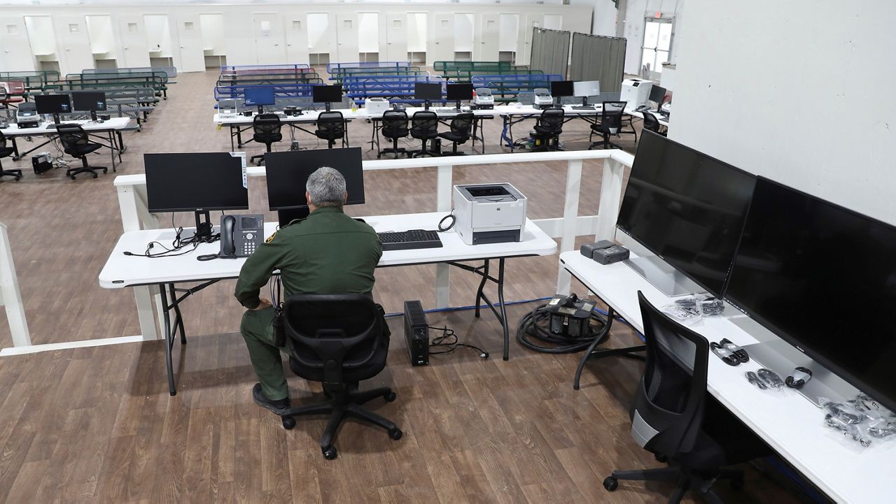 In this photo provided by the U.S. Customs and Border Protection is an interior view of the soft-sided migrant processing facility in Laredo, Texas, on Sept. 23, 2021. (Greg L. Davis/U.S. Customs and Border Protection via AP)