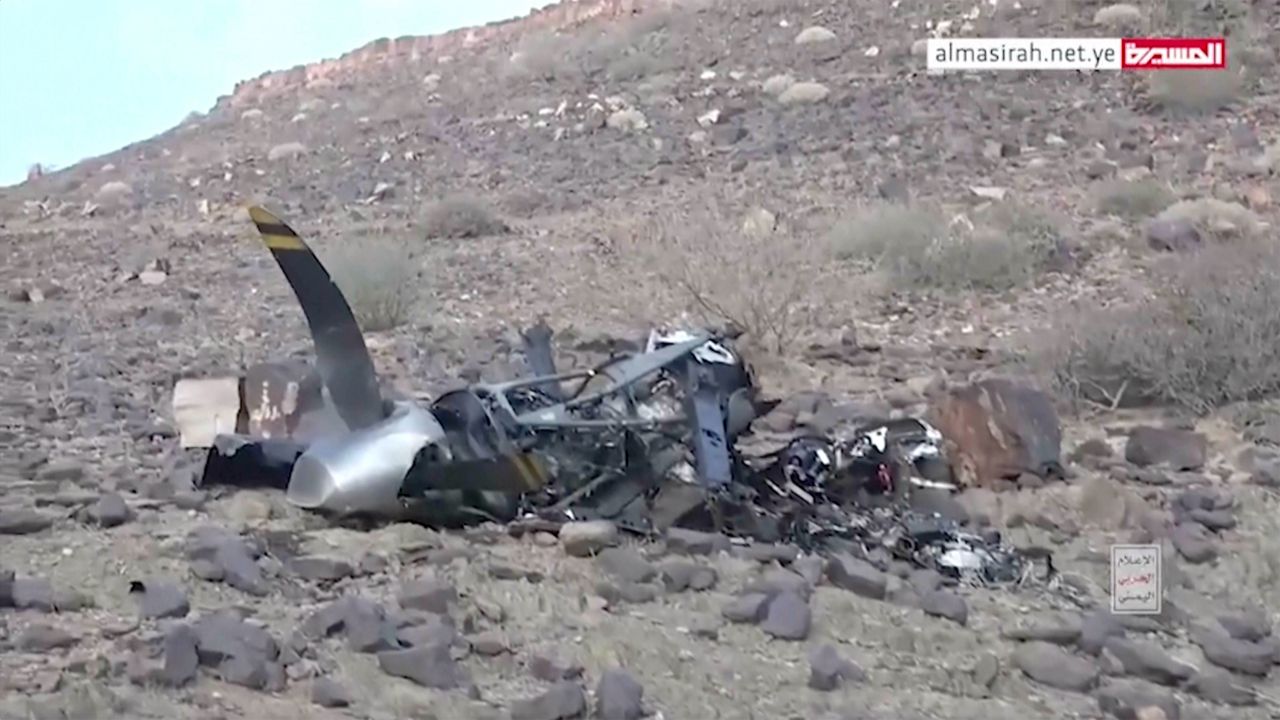 This still image from video provided by ALMasirah TV shows wreckage from unmanned aircraft in Yemen, on Saturday, April 27, 2024. Yemen’s Houthi rebels have claimed shooting down another of the U.S. military’s drones. They aired footage Saturday of parts that corresponded to known pieces of the unmanned aircraft. The U.S. military acknowledged to The Associated Press that “a U.S. Air Force MQ-9 drone crashed in Yemen.” It said an investigation is underway. (ALMasirah TV via AP)