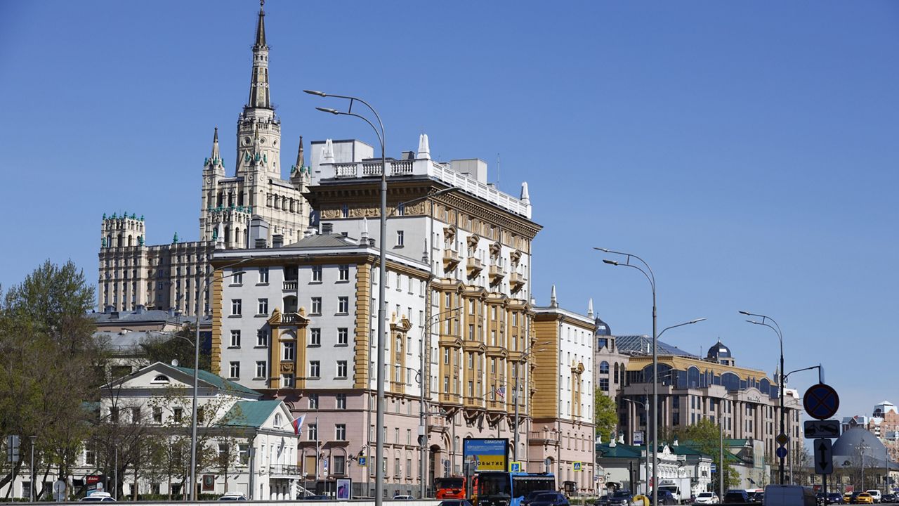 The U.S. Embassy, centre, is seen in Moscow, Russia, Tuesday, May 11, 2021. (AP Photo/Alexander Zemlianichenko, File)