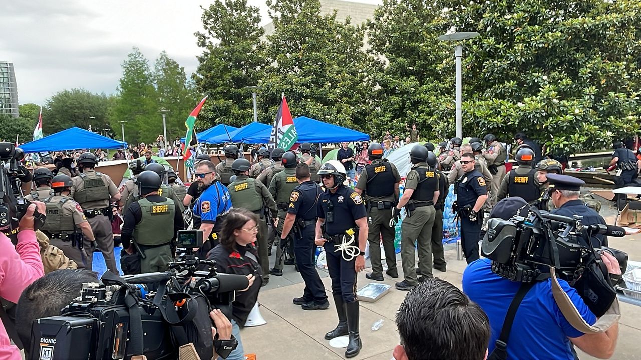 Police arrested at least 17 people at an encampment at the University of Texas at Dallas on Wednesday, May 1, 2024. (Spectrum News 1/Lourdes Vazquez) 