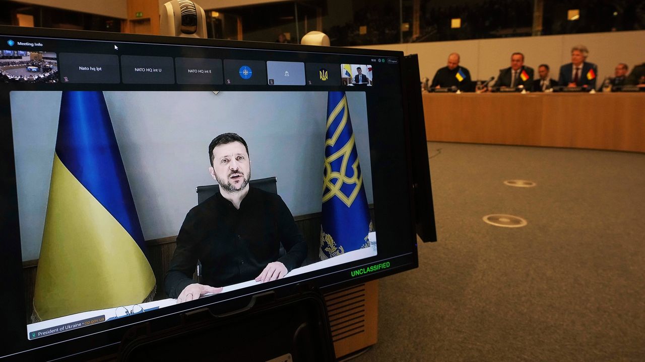 Ukraine's President Volodymyr Zelenskyy, via video link, delivers a statement to NATO defense ministers during a meeting of the Ukraine Defense Contact Group at the NATO headquarters in Brussels, Wednesday, June 4, 2025. (AP Photo/Virginia Mayo)