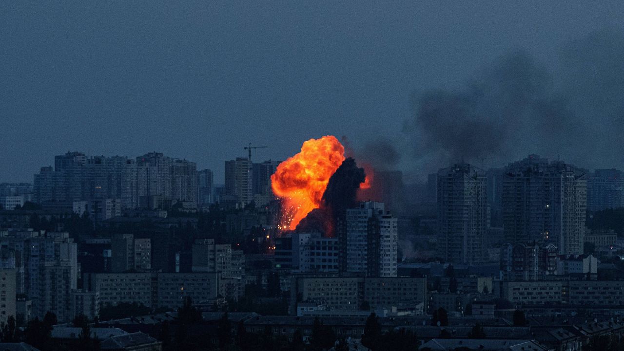 An explosion is seen after a Russian air strike on Kyiv, Ukraine, on Friday, June 6, 2025. (AP Photo/Evgeniy Maloletka)