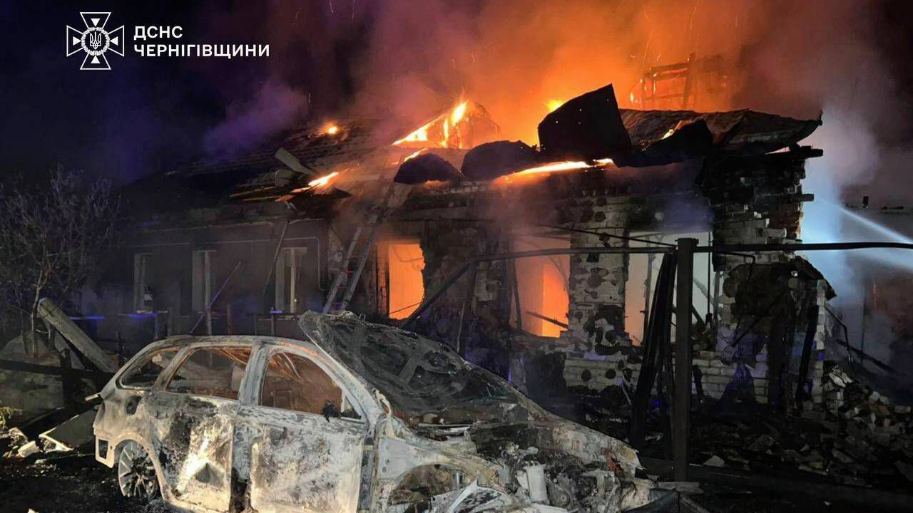 In this photo, provided by the Ukrainian Emergency Services on Tuesday, June 3, 2025, a residential house is seen on fire after a Russian strike on Chernihiv, Ukraine. (Ukrainian Emergency Services of Ukraine via AP)