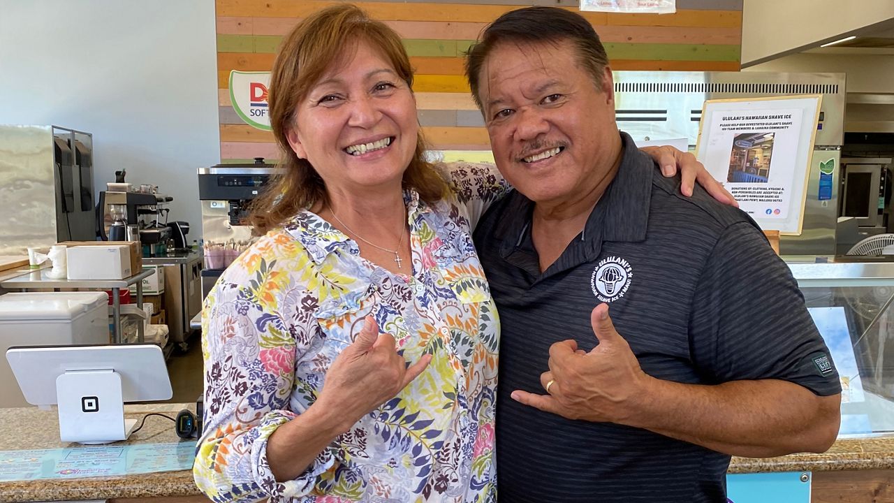 Ululani and David Yamashiro pose for a photo at Ululani's Shave Ice in Wailuku. (Michelle Broder Van Dyke/Spectrum News)