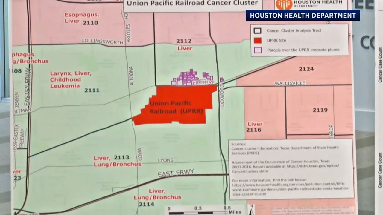 Testing by the state and city health departments, along with the EPA, show the appearance of several cancer clusters relating to creosote and dioxins in the soil and homes around the UPRR railyard. (Spectrum News 1/Dylan Scott)