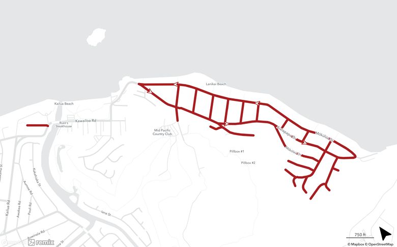 Map of Makalii Place and Lanikai with streets in red that have parking restrictions. (Map courtesy of the City and County of Honolulu)