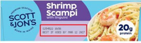 Blue rectangle-shaped box with an image of linguini and shrimp in a bowl