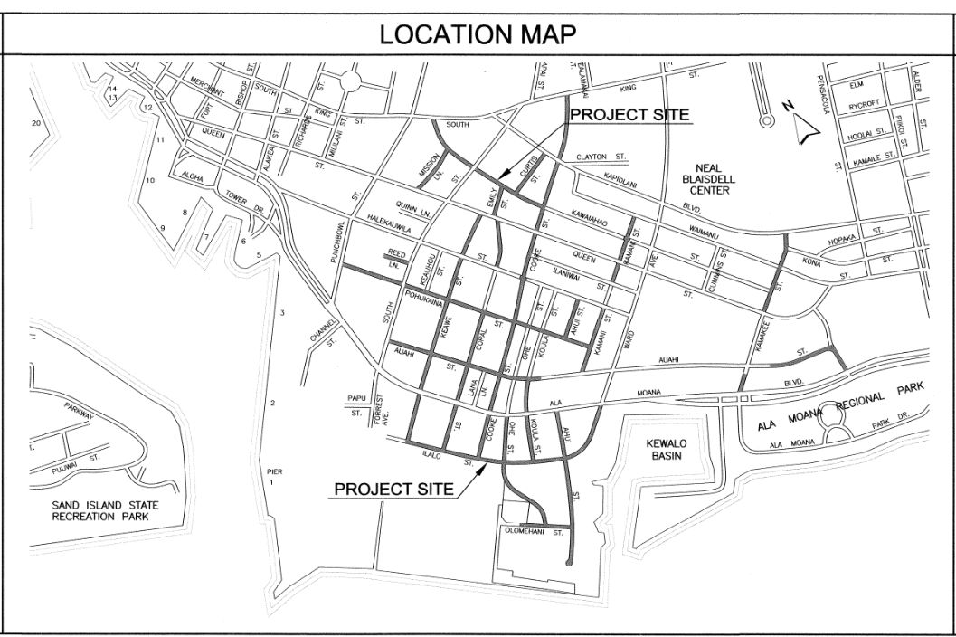Location map shows the Project Site locations in Kakaako in dark grey (Map courtesy of the Department of Design and Construction)