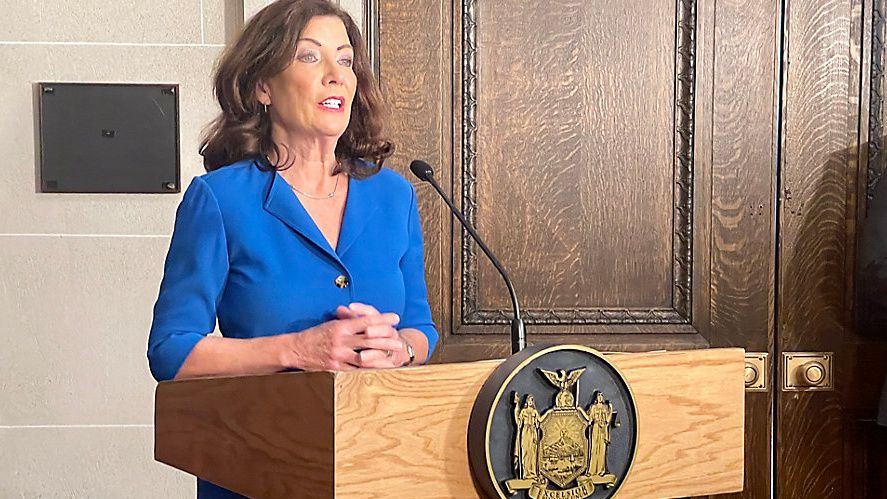 Gov. Kathy Hochul speaks to reporters in Albany on Thursday. Kate Lisa/Spectrum News 1 photo