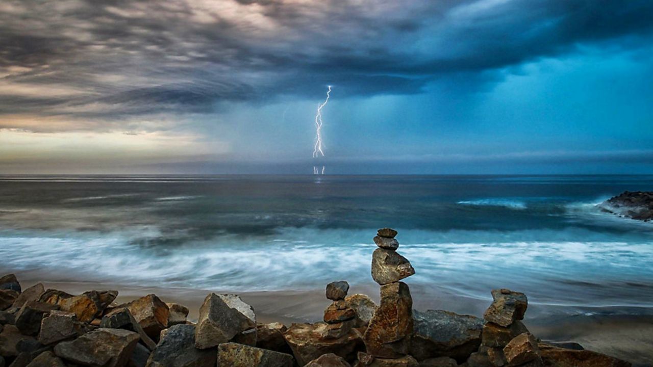 Cloud-to-ground lightning captured from a thunderstorm cell off the San Diego coastline.