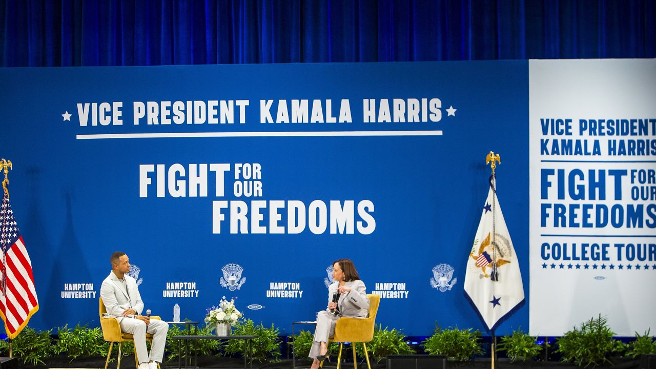 Vice President Kamala Harris speaks at Hampton University during her "Fight for Our Freedoms College Tour" on Thursday, Sept. 14, 2023 in Hampton, Va. The tour will take place at universities and community colleges in seven states. (AP Photo/John C. Clark)