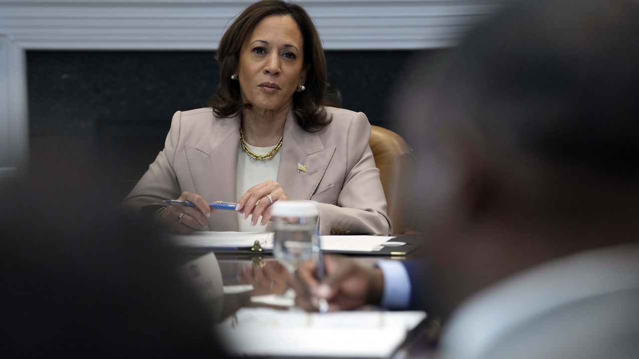FILE - Vice President Kamala Harris listens during a discussion in the Roosevelt Room of the White House in Washington, Thursday, April 25, 2024, on criminal justice reform and the pardons issued by President Joe Biden earlier this month. (AP Photo/Susan Walsh)