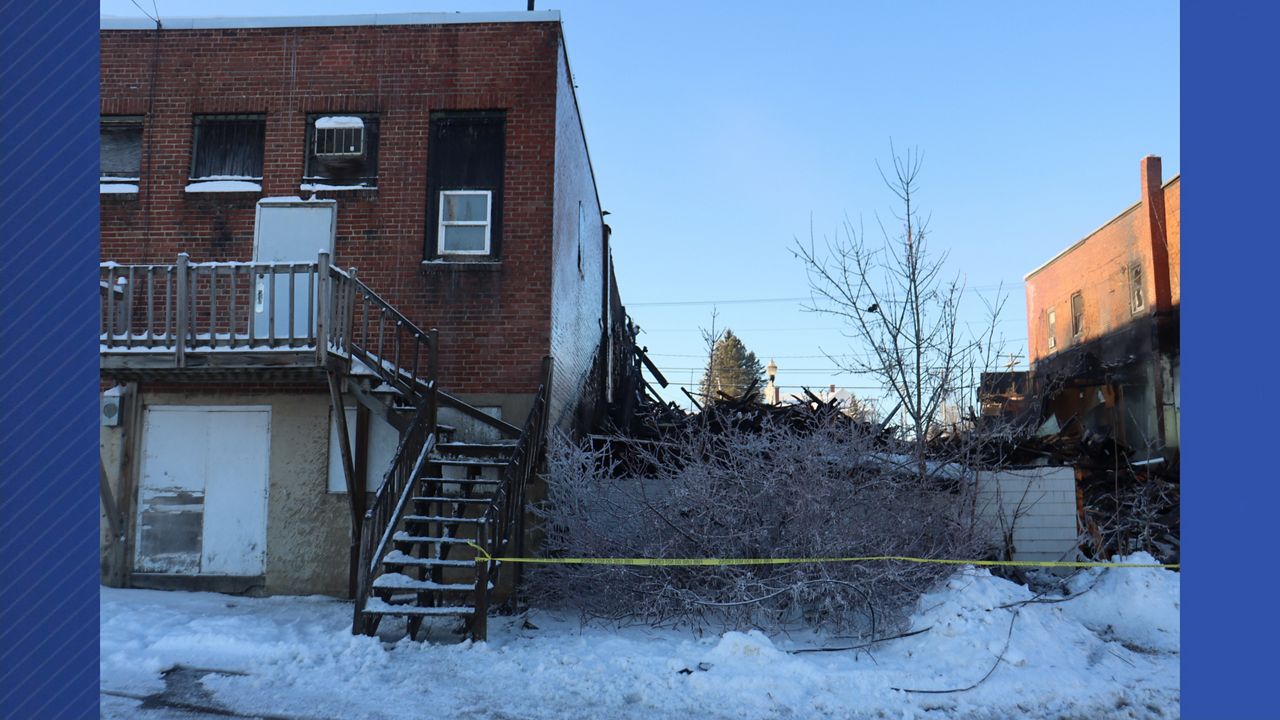 The scene of a fire that resulted in the loss of two buildings in Van Buren on Dec. 6. (Maine Department of Public Safety)
