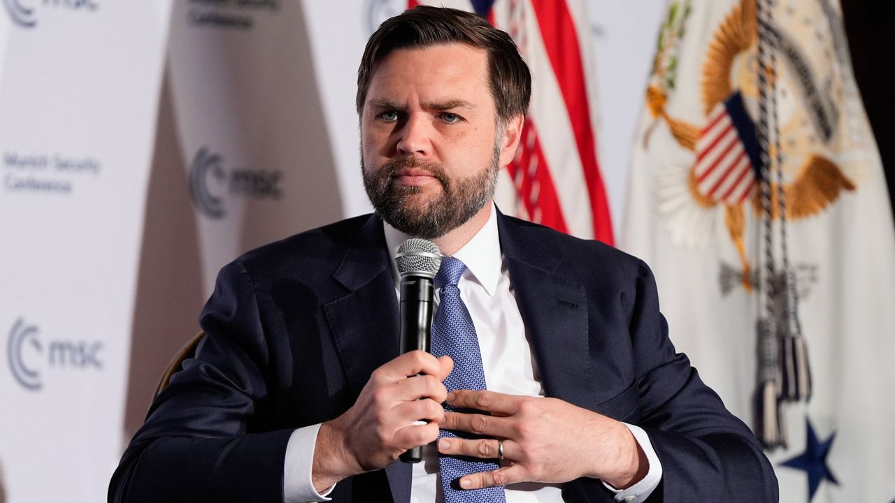 Vice President JD Vance speaking at the Munich Leaders Meeting, Wednesday, May 7, 2025, in Washington. (AP Photo/Julia Demaree Nikhinson)
