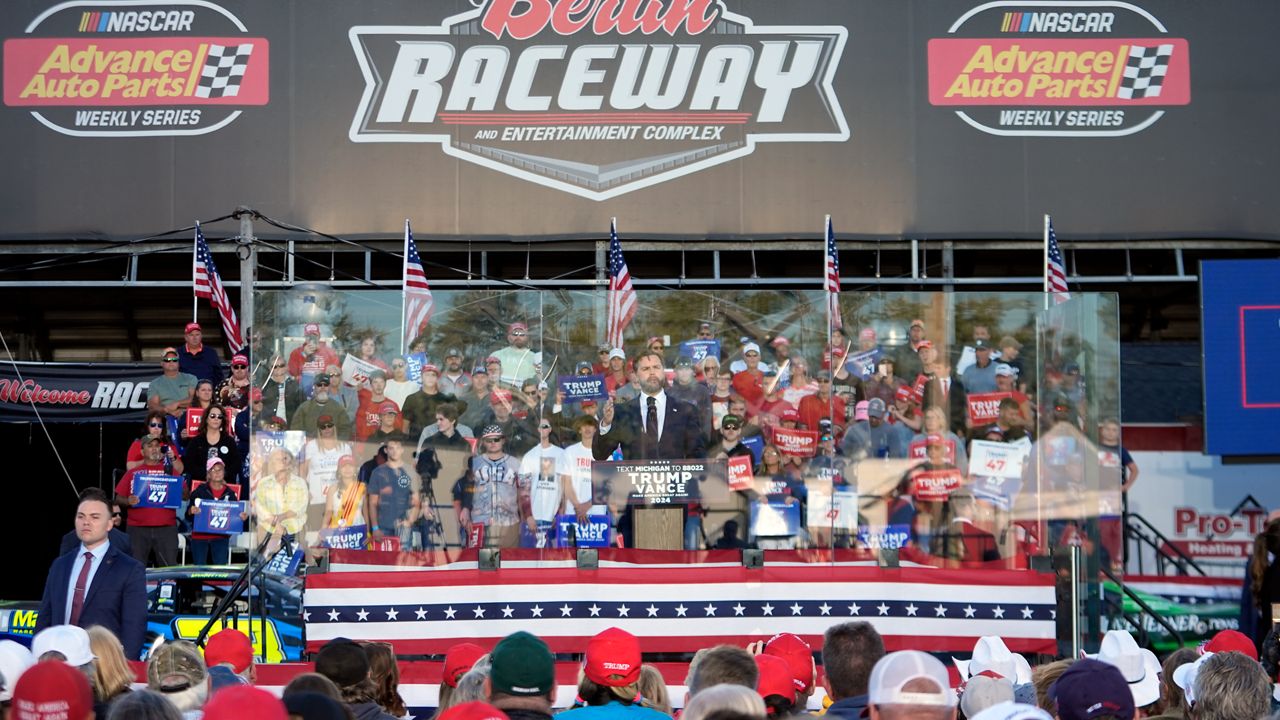 Republican vice presidential nominee Sen. JD Vance, R-Ohio speaks during a campaign event at the Berlin Raceway Wednesday, Oct. 2, 2024 in Marne, Mich. (AP Photo/Paul Sancya)