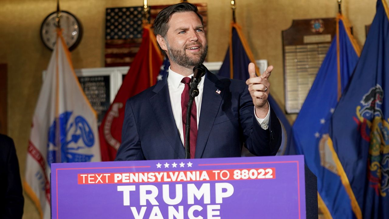 Republican vice presidential nominee Sen. JD Vance, R-Ohio, speaks at a campaign event at VFW Post 92, Thursday, Aug. 15, 2024, in New Kensington, Pa. (AP Photo/Matt Freed)