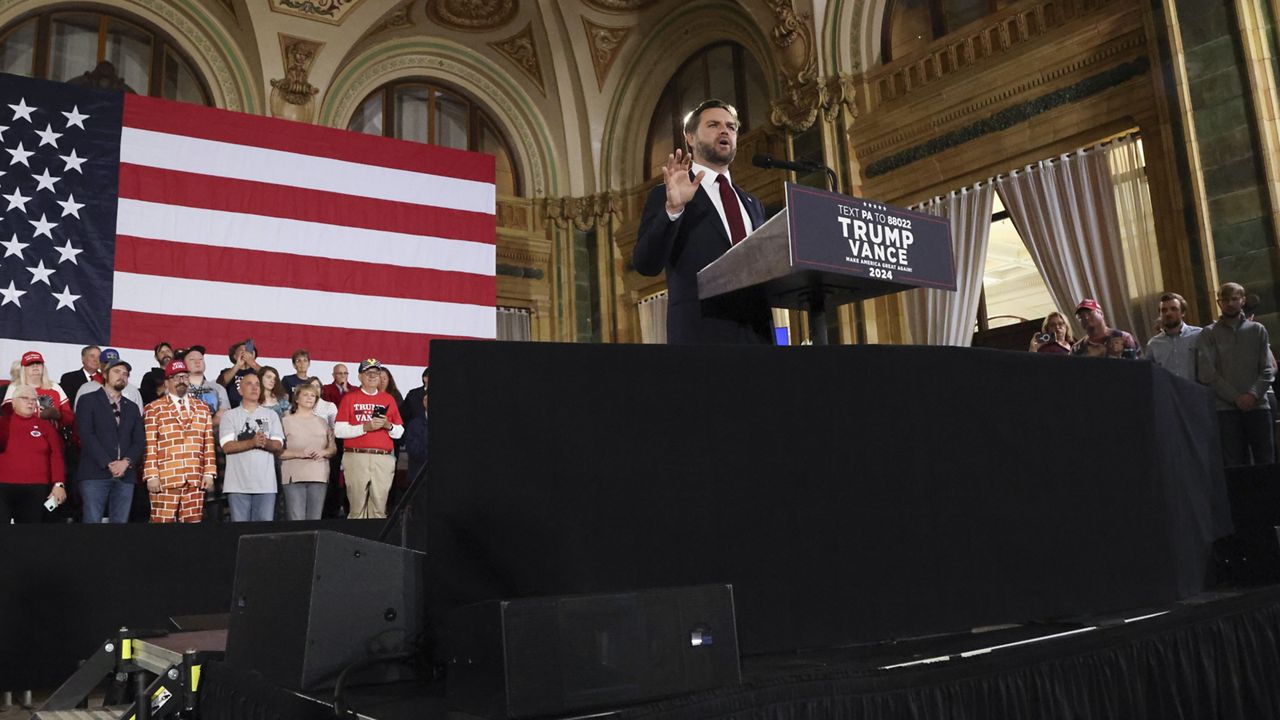 Republican vice presidential nominee Sen. JD Vance, R-Ohio, speaks at a campaign event at The Pennsylvanian in Pittsburgh, Pa., Thursday, Oct. 17, 2024. (AP Photo/Rebecca Droke)