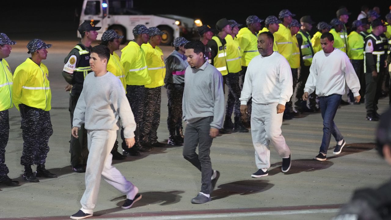 Venezuelan migrants deported from the United States arrive at Simon Bolivar International Airport in Maiquetia, Venezuela, Monday, Feb. 10, 2025. (AP Photo/Ariana Cubillos)