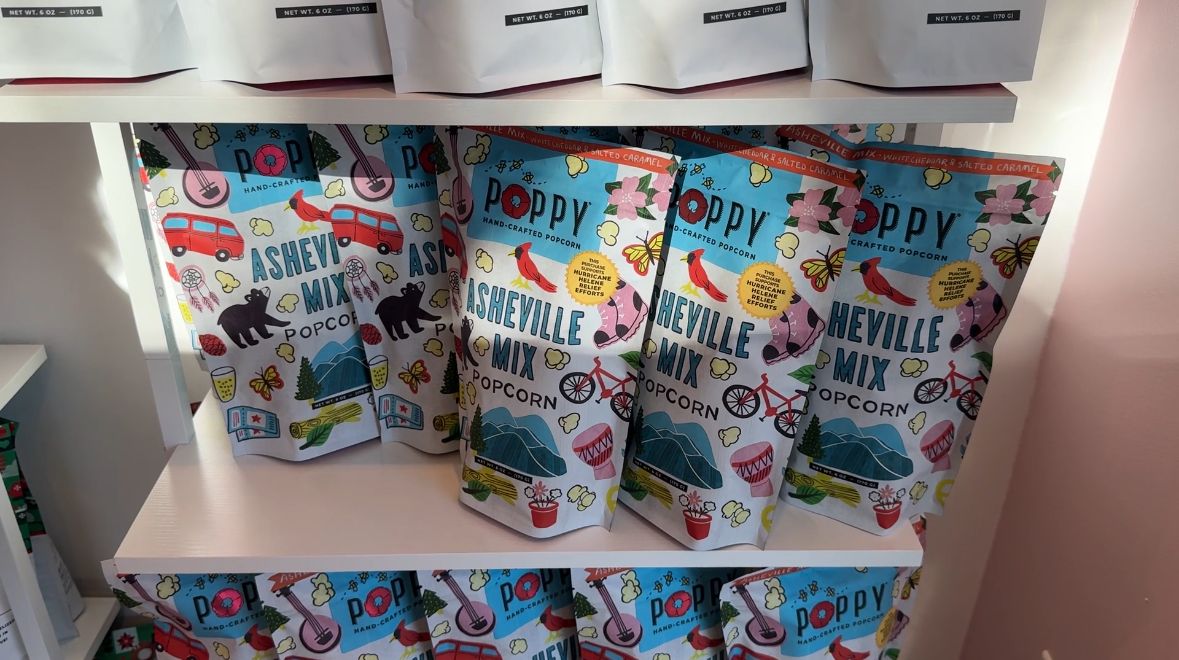Poppy Handcrafted Popcorn will donate $2 from every bag of its Asheville Mix to other western North Carolina businesses that have been disrupted by Hurricane Helene. (Spectrum News 1/Melody Greene)