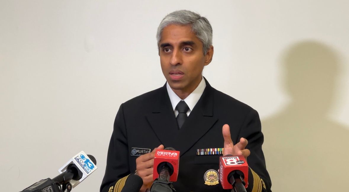 U.S. Surgeon General Dr. Vivek Murthy answers questions from the media Friday at the University of Southern Maine. (Spectrum News/Susan Cover)