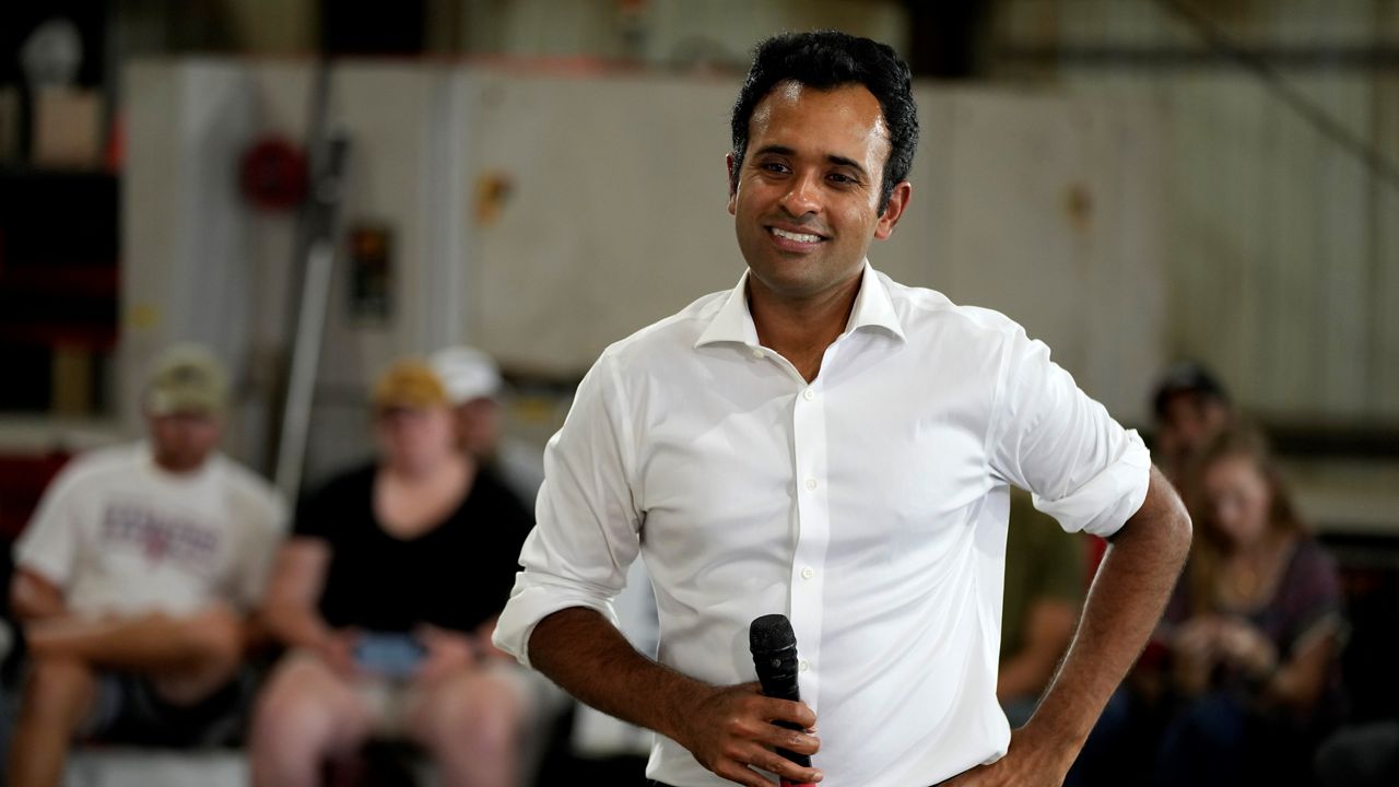 Republican presidential candidate Vivek Ramaswamy speaks during a campaign stop, Saturday, Aug. 5, 2023, in Vail, Iowa. (AP Photo/Charlie Neibergall)