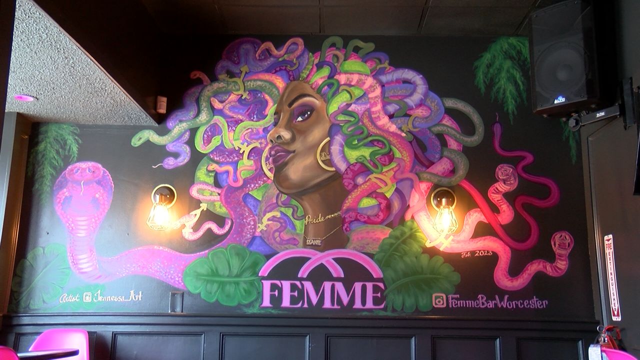 A mural at the Femme Bar in Worcester. The bar opened in March as the only lesbian bar in New England. (Spectrum News 1/Devin Bates)