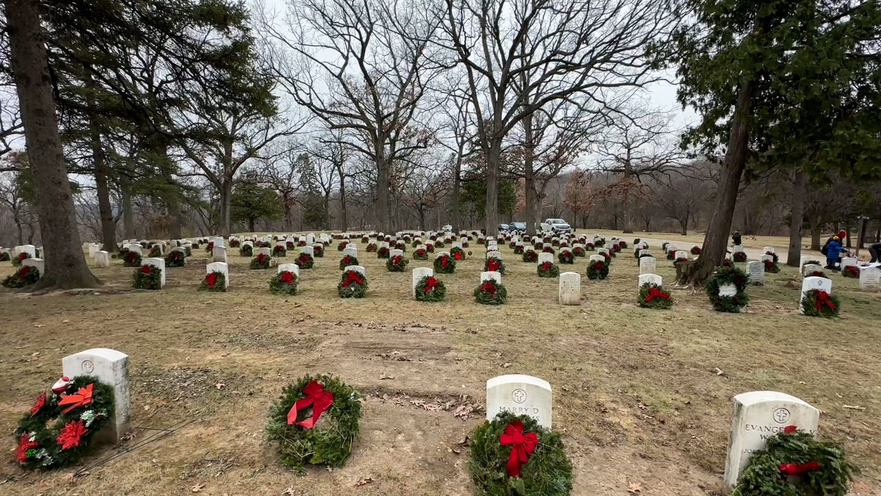 Wreaths laid at the graves of veterans at Forest Hill Cemetery in Madison. (Spectrum News 1/Natalie Sopyla)