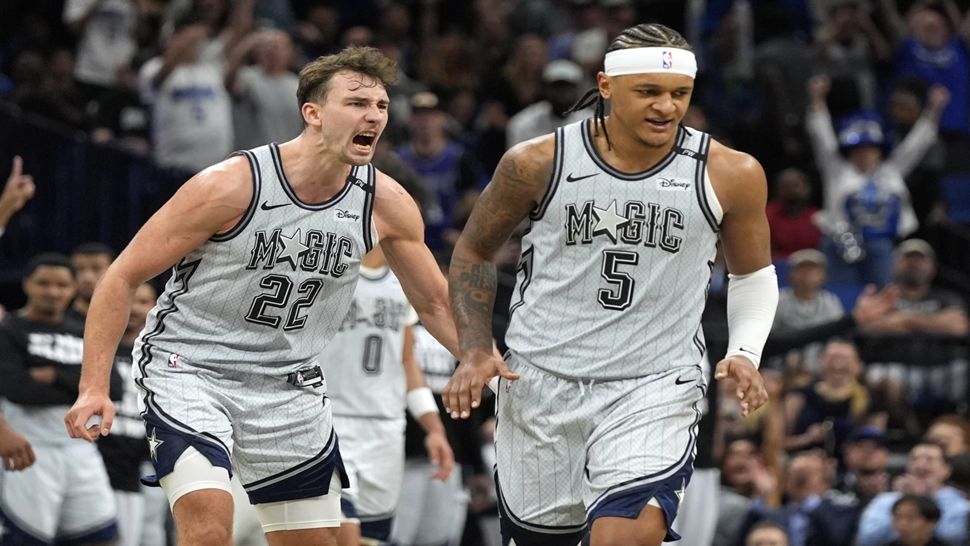 Orlando forward Franz Wagner celebrates after teammate Paolo Banchero made the game-winning shot against the San Antonio Spurs on Saturday night.